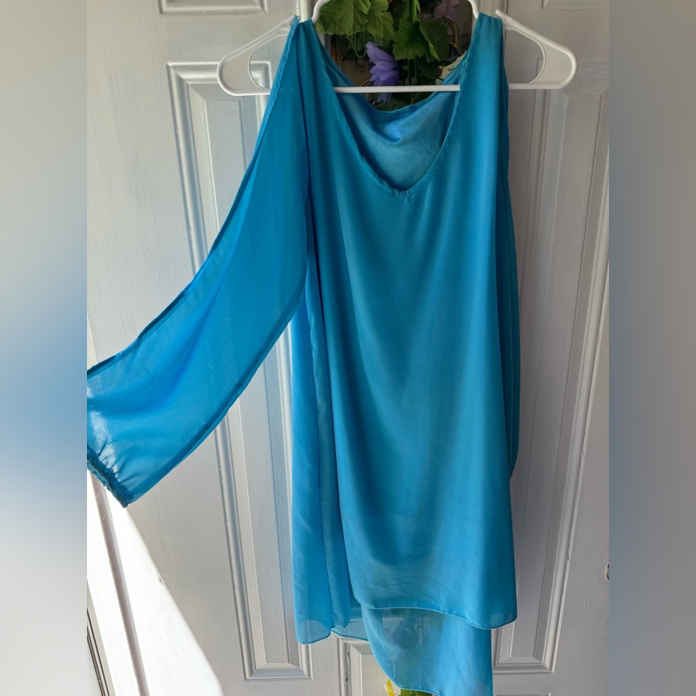 Blue Cold Shoulder Sheer Lined Tunic Top Dress Homemade Women's Medium